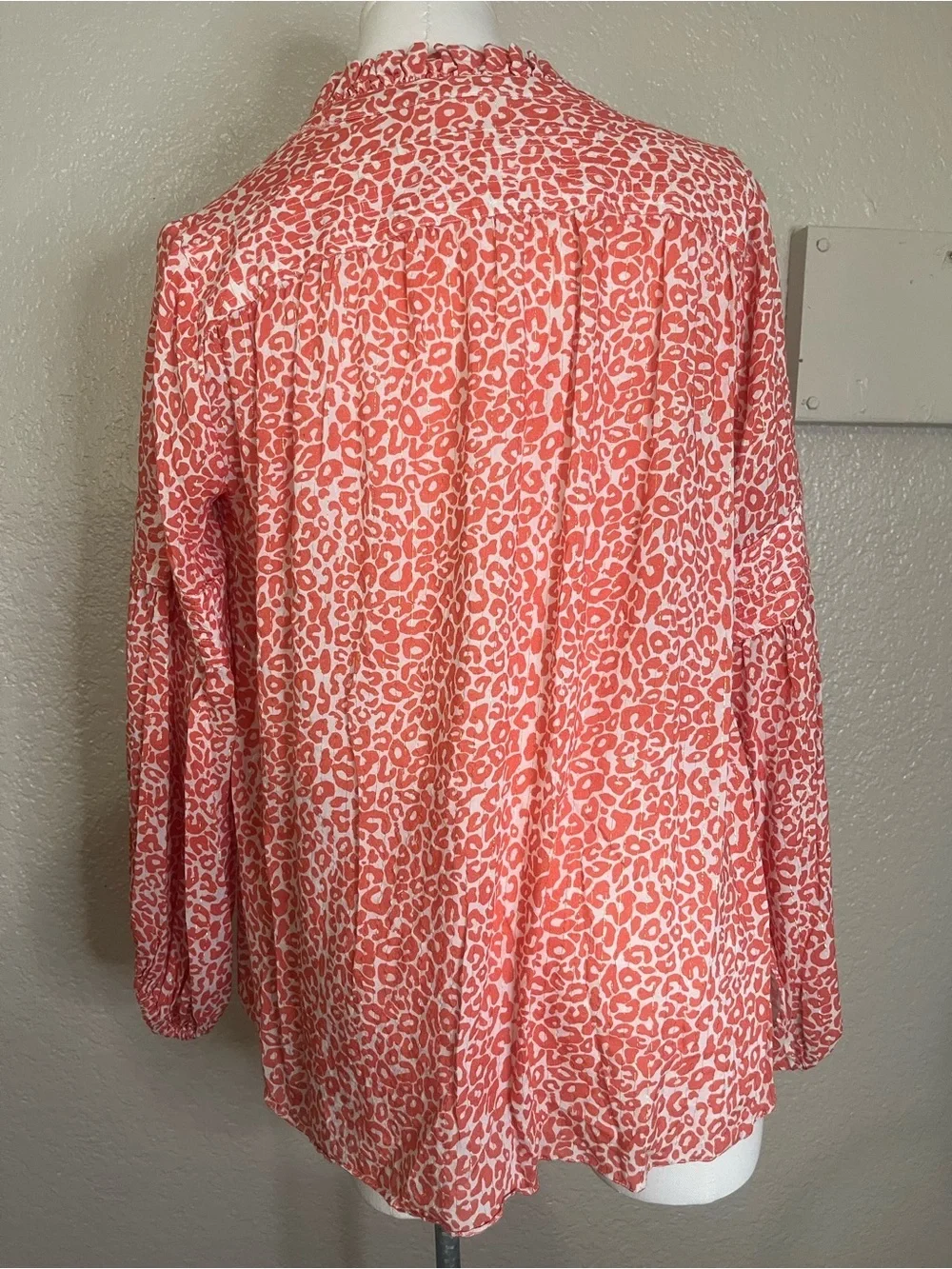 Lemlem Peach Tie-Neck Ruffle Leopard Blouse